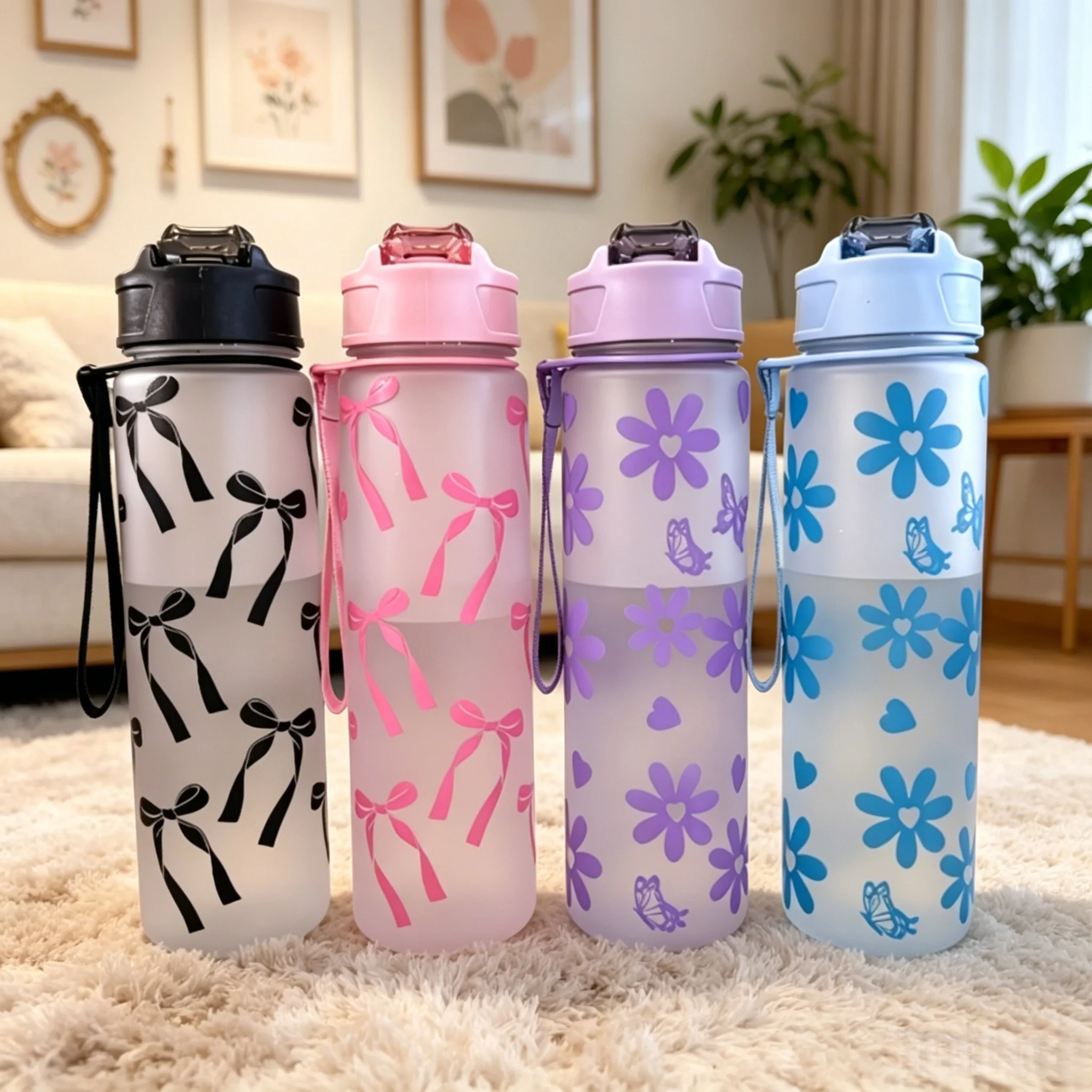750ML Matte PC Water with Cute Bowknot Pattern Leakproof Includes Straw and Carry Handle Spring-Loaded Lid Bottle