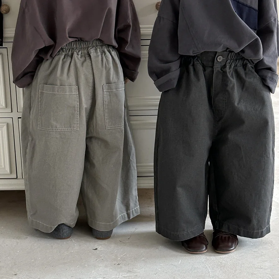 2025 Autumn New Kids Distressed Washed Straight-Leg Pants Boys Girls Loose Bohemian Wide-Leg Trousers for Boys and Girls