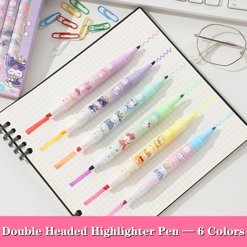 6Pcs Sanrio Highlighter Cartoon Kuromi My Melody Cute Kawaii Student Handbook Colorful Marker Pen Handheld Pen Stationery Gifts