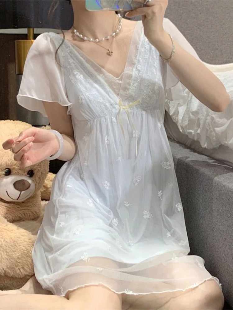 Lace Nightgowns Women High Waist Sweet Korean Style Princess Casual A-line Embroidery Trendy Nightwear Solid Ladies Temperament