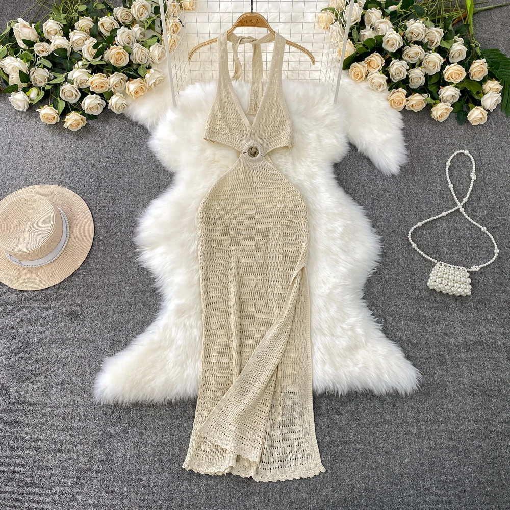 Frauen Tropical Gestrickte Split Kleid Ethnische Böhmische Bikini Abdeckungen Aushöhlen Vintage Strand Neckholder Bandage Hotsweet Sheer Kleider