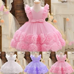 Party Dress For Girl Appliques Flying Sleeves Princess Birthday Puffy Dress Baby Girl Baptism Tutu Dresses Children Wedding Gown