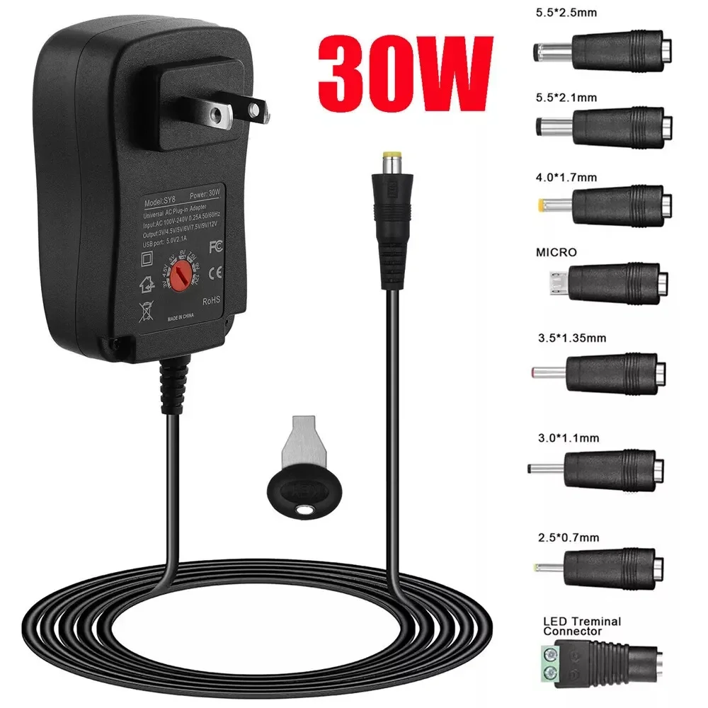 30W Universal Power Adapter Adjustable Voltage AC/DC Supply with 8 Tips for EU US UK AU Plugs Worldwide Charging Compatible
