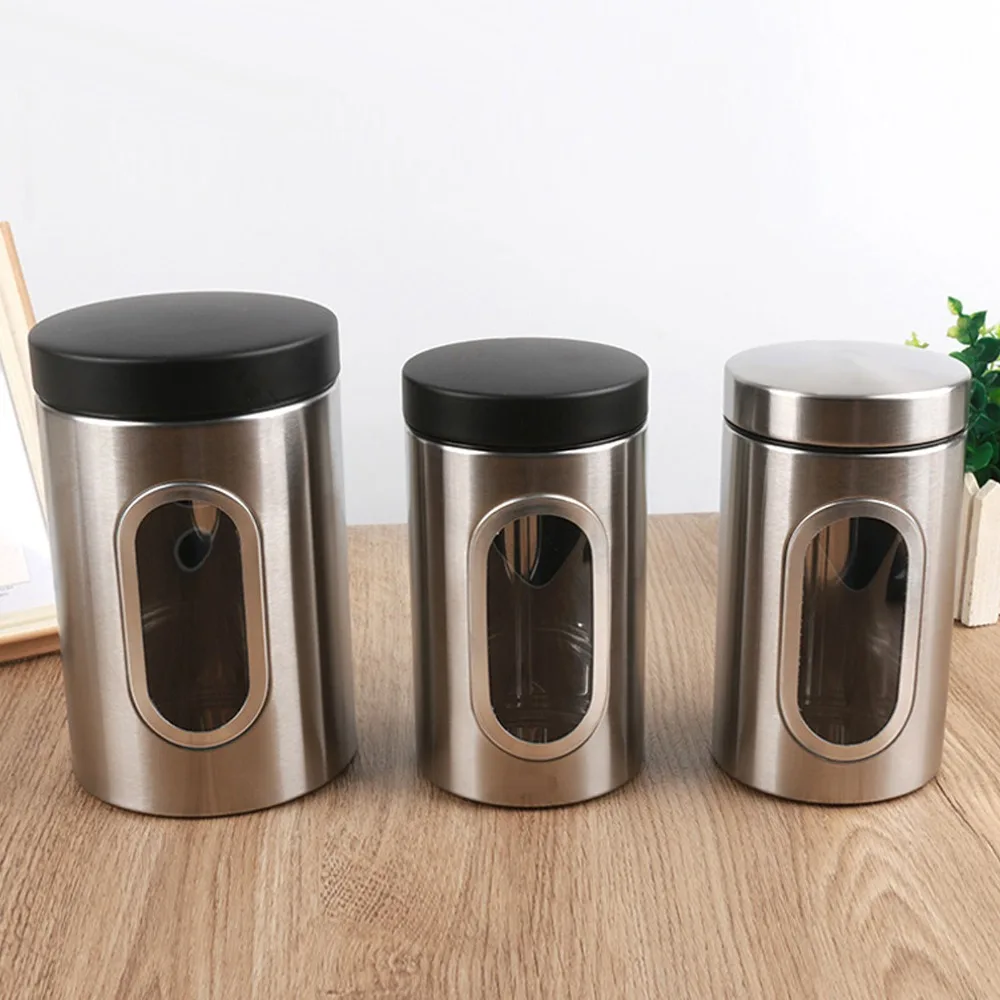3PCS Clear Iron Kitchen Canisters Set s/m/l Beige/Black Food Storage Jars Coffee Canister Set Bar Storage