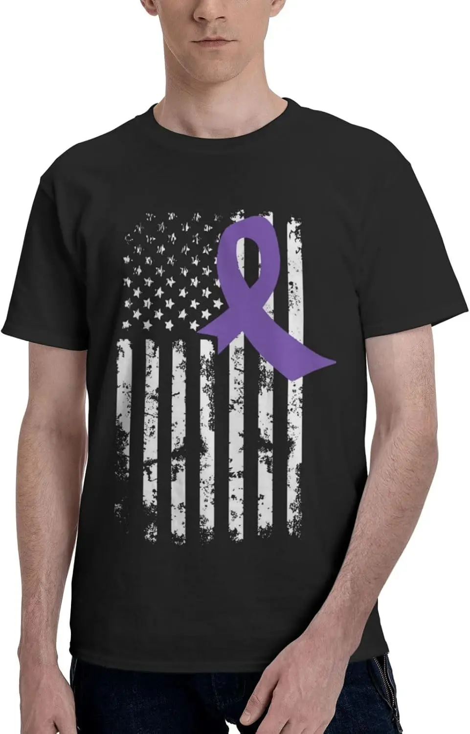 Testicular Cancer Awareness America Flag Purple Ribbon T-Shirt Vintage Short-Sleeve