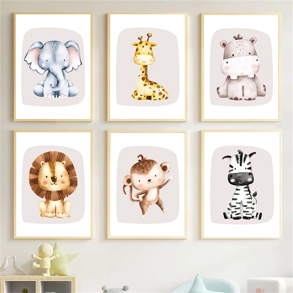 Woodland Animal Elephant Hippo Giraffe Lion Boho Nursery Wall Art Canvas Painting Posters And Prints Pictures Kids Room Decor