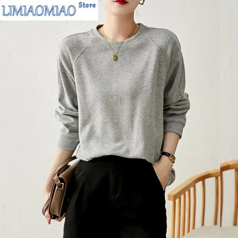 Autumn Fashion Solid Color Loose All-match Sweatshirts Women Bottoming Shirt New Classic Long Sleeve O-collar Lady Top