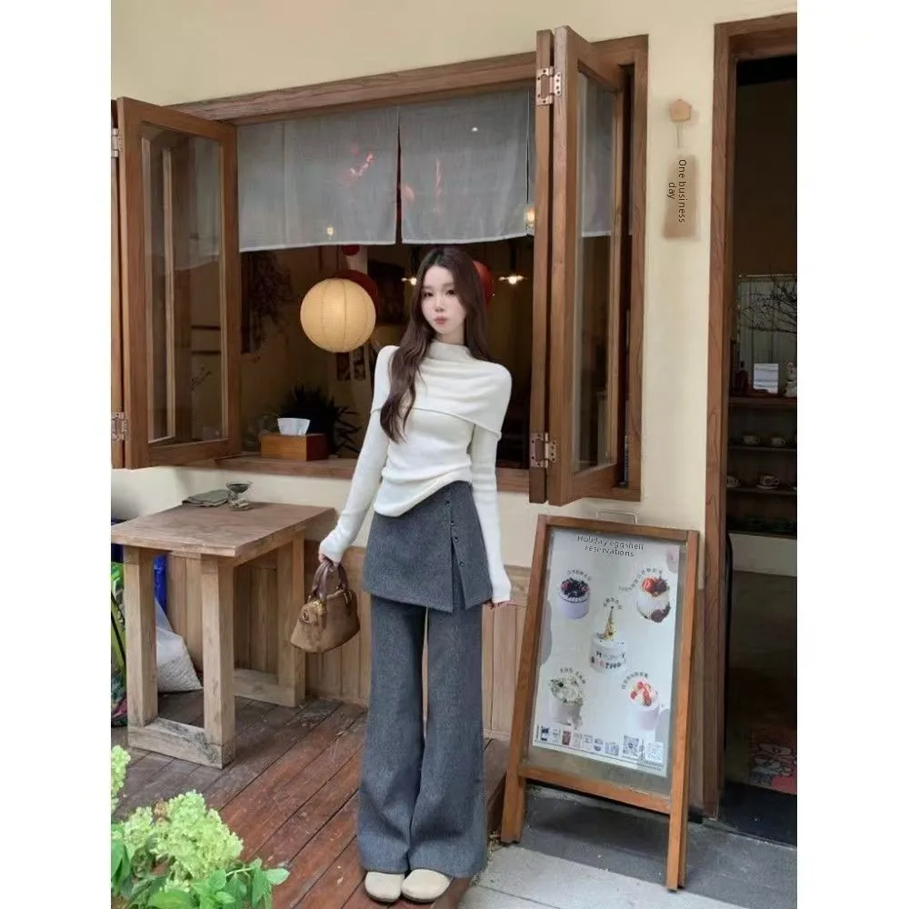 Faionable Koreaanse Sle Deep ey patchwork casual broek dames herfst winter losse veelzijdige wijde pijpen broek trendy