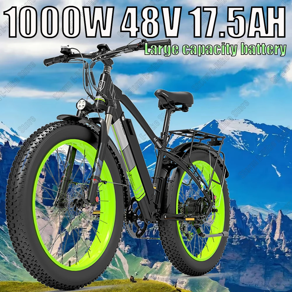 Mountain Electric Bike 1000W Powerful Motor 17AH lithium battery 26*4.0 tires city Electric Bicycle 40KM/H snow E-Bike with seat