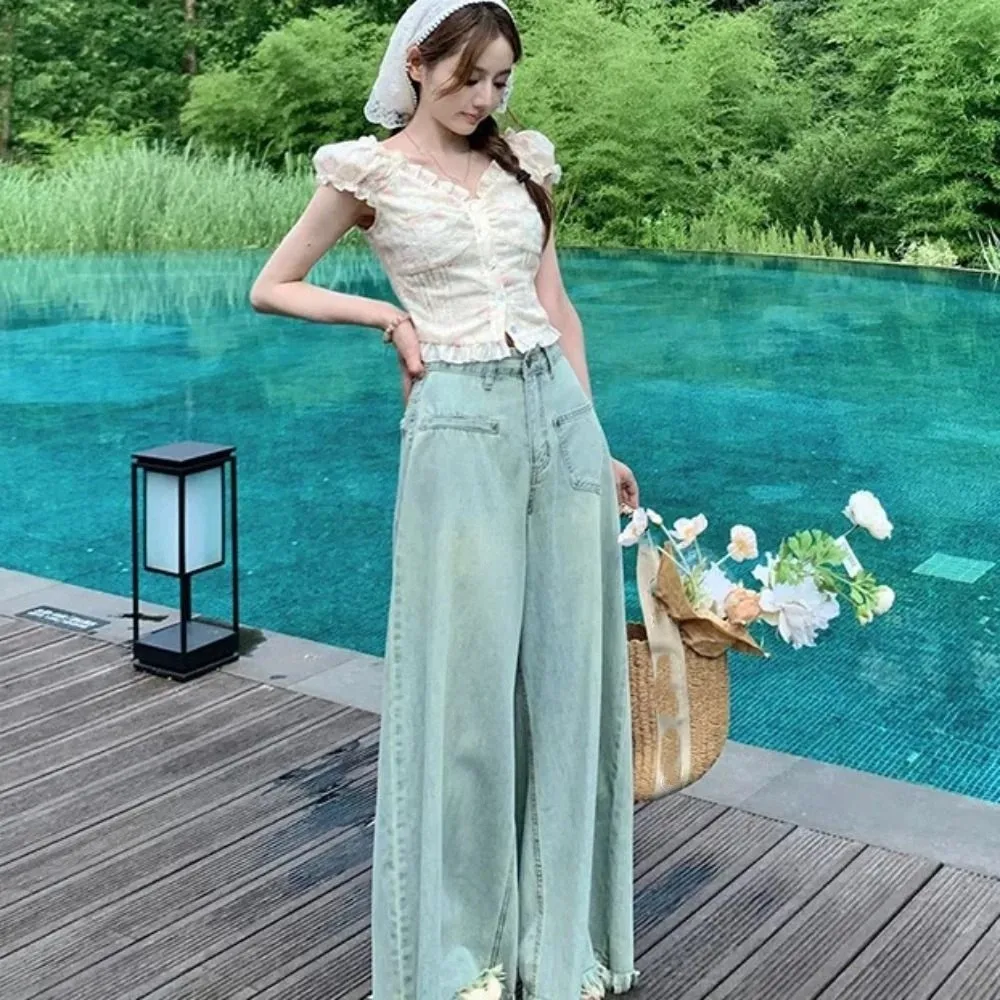 Ins Pleated Puff Sleeve Crop Top Off Shoulder Spicy Girl Embroidered Floral T-shirt Ruffle Slim Fit Sweet Top Women Female