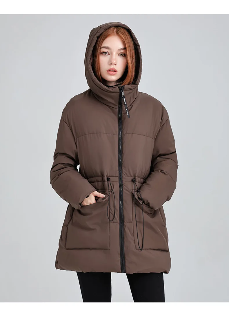 

Winter Cotton Padded Puffer Jacket Hooded Drawstring Thicken Pocket Quilted Coat Drawstring Waist Hooded Women's Down Jacket