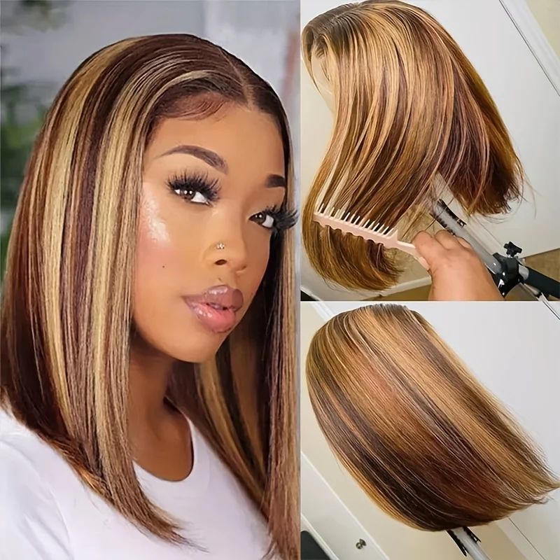 4/27 تسليط الضوء على شعر مستعار بوب شعر الإنسان مستقيم 13X4 تسليط الضوء على بوب الدانتيل الجبهة الباروكات شعر الإنسان ارتداء والذهاب شعر مستعار غلويليس #1