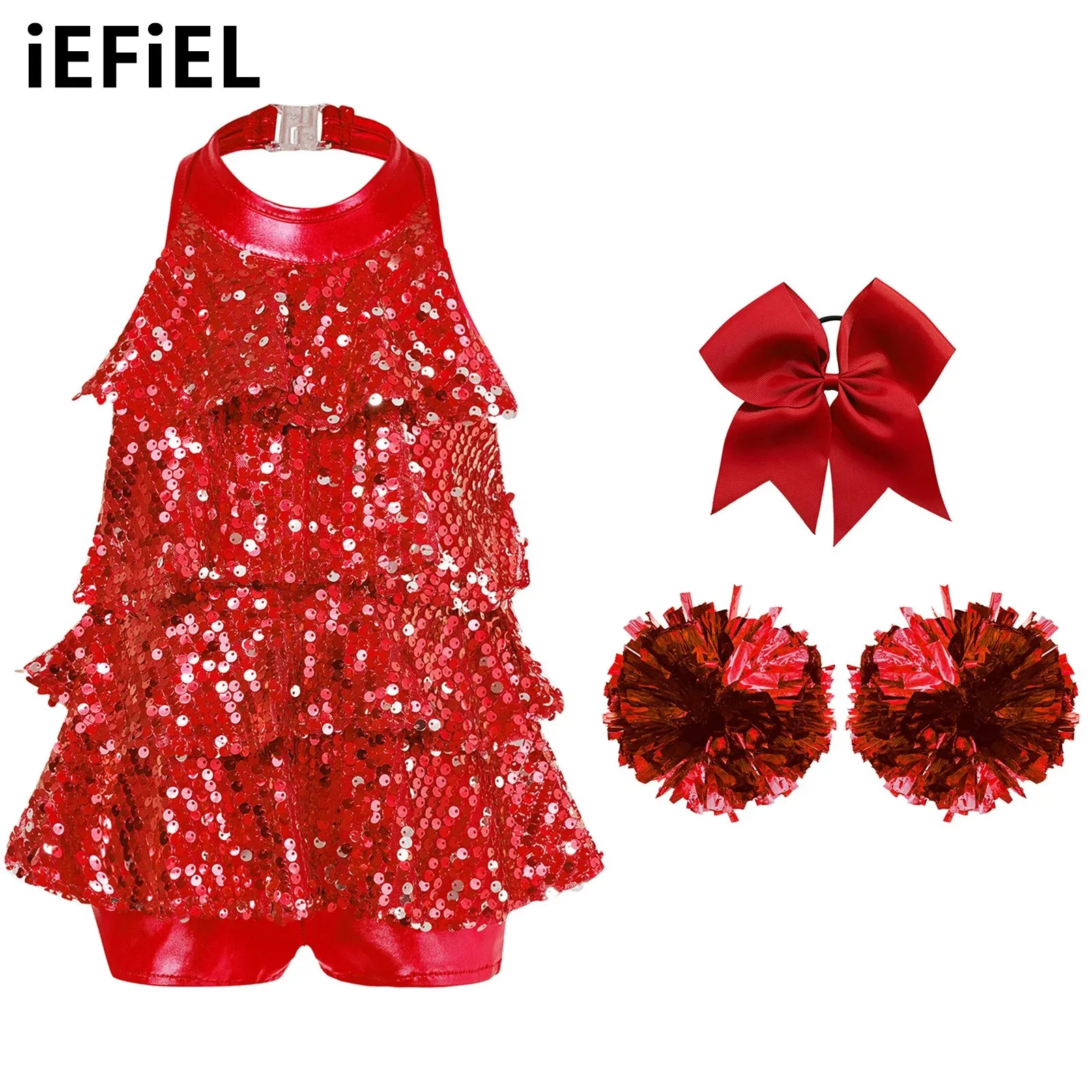 

Kids Girls Shiny Sequins Ballet Dress Cheerleading Leotard Halter Dance Leotard with 1Pc Bowknot Headwear And 2Pcs Flower Balls