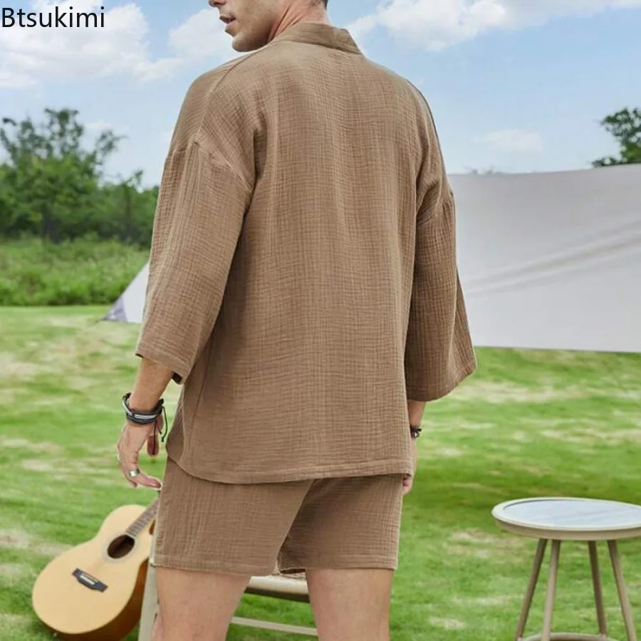 Summer Fashion New Men's Clothing Two Piece Sets Vintage Casual Cardigans and Shorts Male Solid Loose Leisure Vacation Outfits