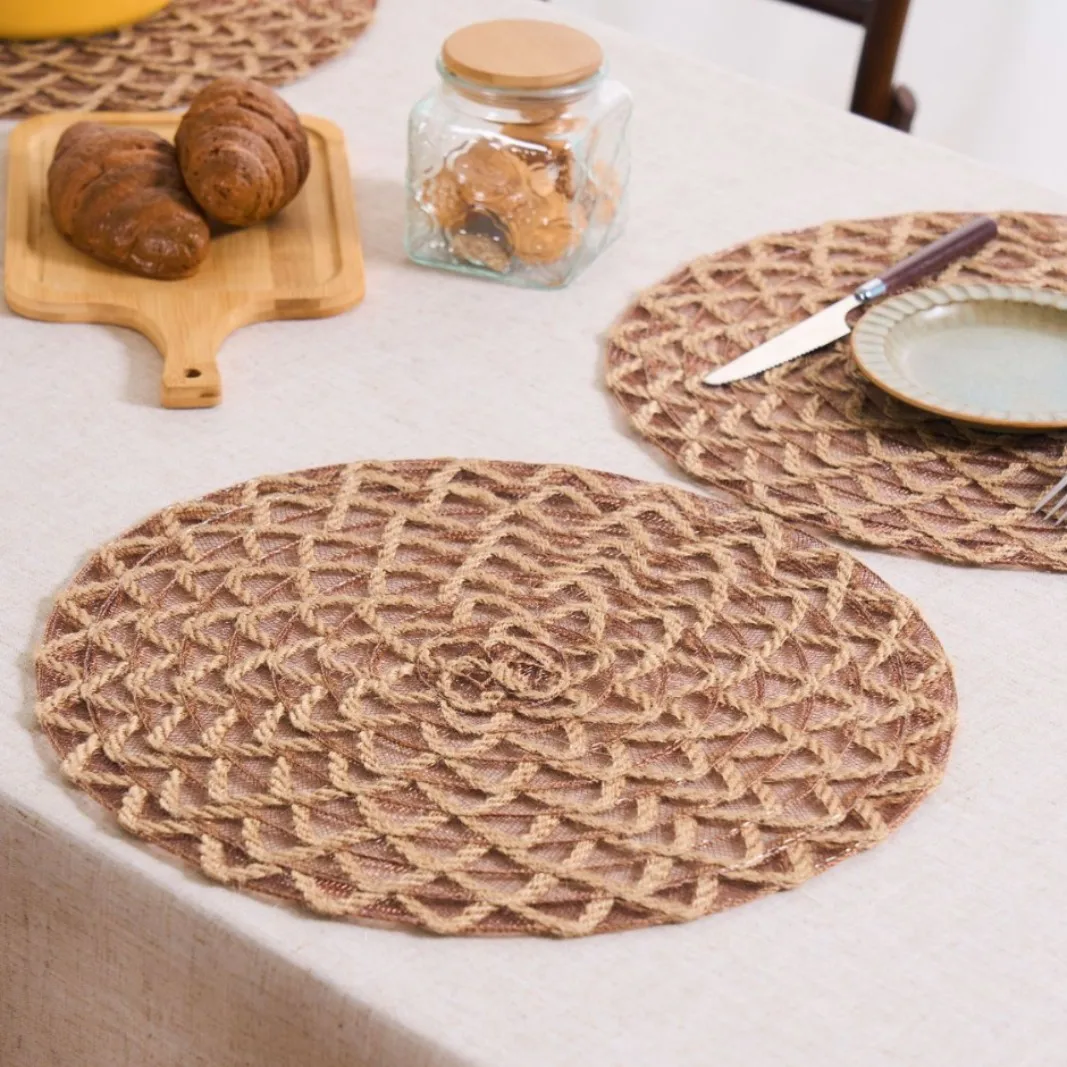 6pcs Jute Placemats Natural Material Non-Slip Heat Resistant Round Placemat Woven Mats for Parties Wedding Kitchen Table Decor