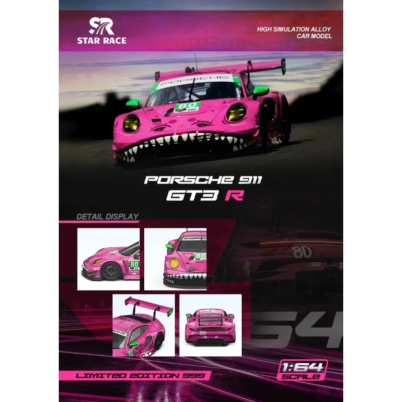 STAR RACE 1:64 Porsche 911 GT3 R 80 AO Racing 2024 IMSA Rexy Roxy Model Samochodu Wykonany z Odlewu Stopu Metali, Kolekcjonerski, Ozdobny, Prezent