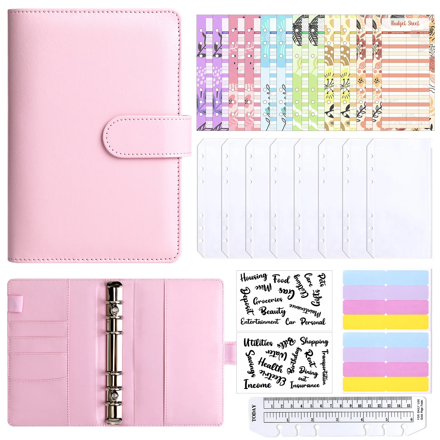 PU Leather Savings Book Budget Binder Notebook Cash Envelopes System Set with Binder Pockets Money Budget Saving Bill Organizer