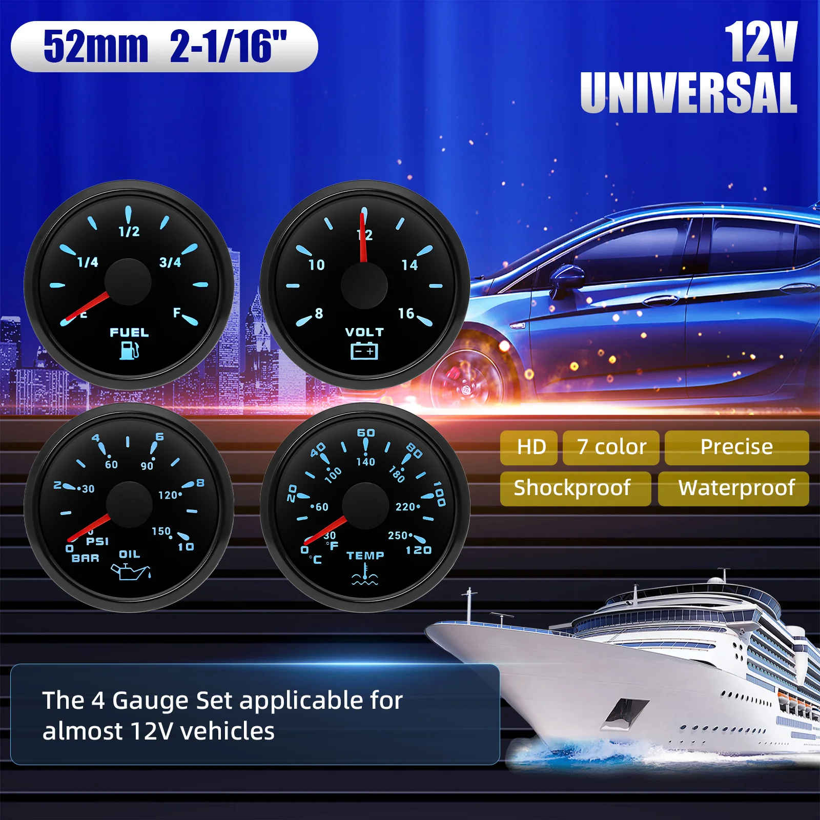 4 Gauges Set Oil Pressure Gauge Fuel Level Gauge Water Temp Meter Voltage With Sensors For Marine Boat Yacht Car Universal view 3