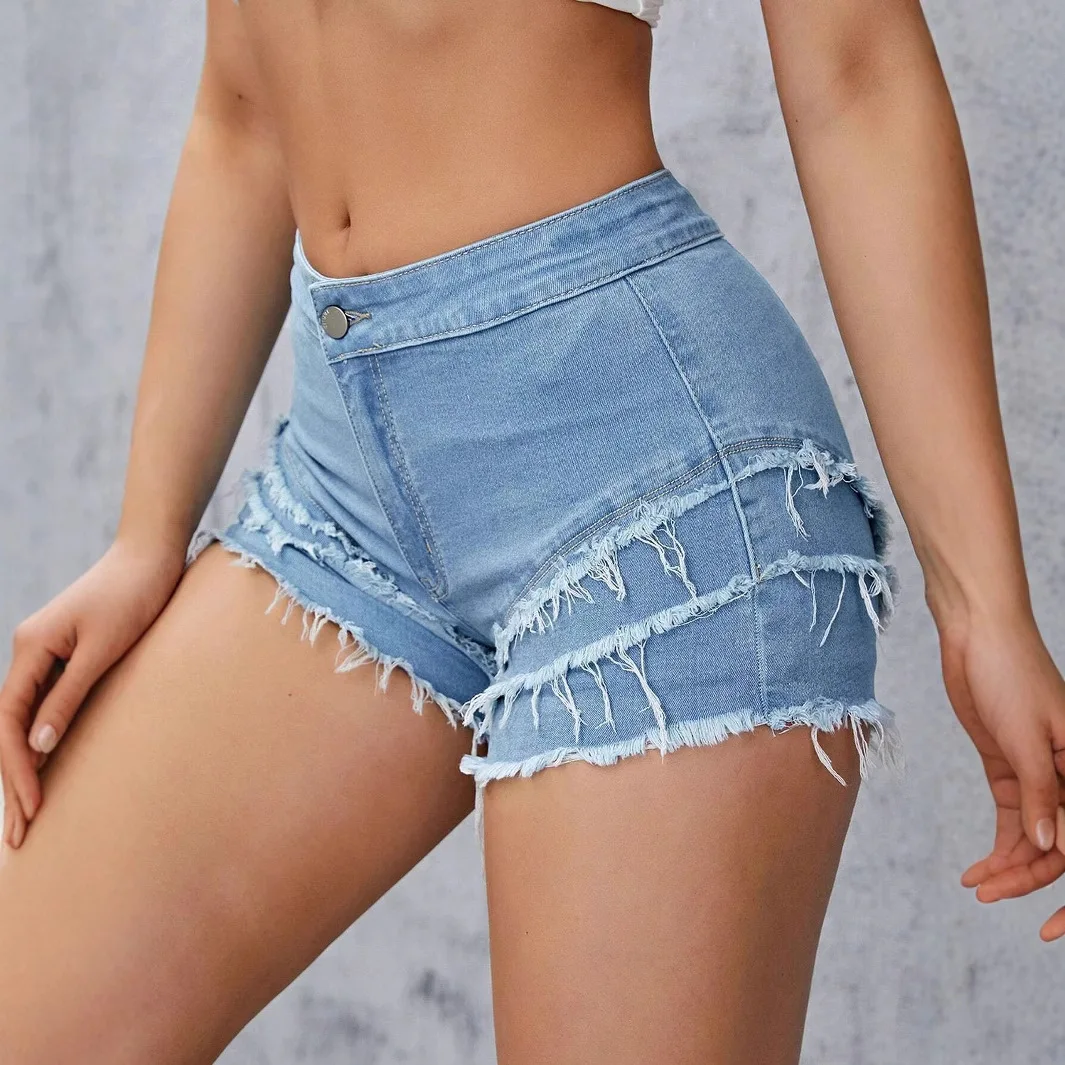 European and American INS Style Summer Women's Jeans Multi-layer Raw Edge Stretch Denim Shorts