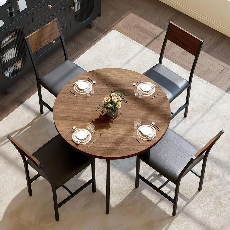 Round Dining Table Set for 4, Kitchen Table and Chairs for 4, Dining Room Circle Dinner Pedestal Table, Solid Metal Frame,Space
