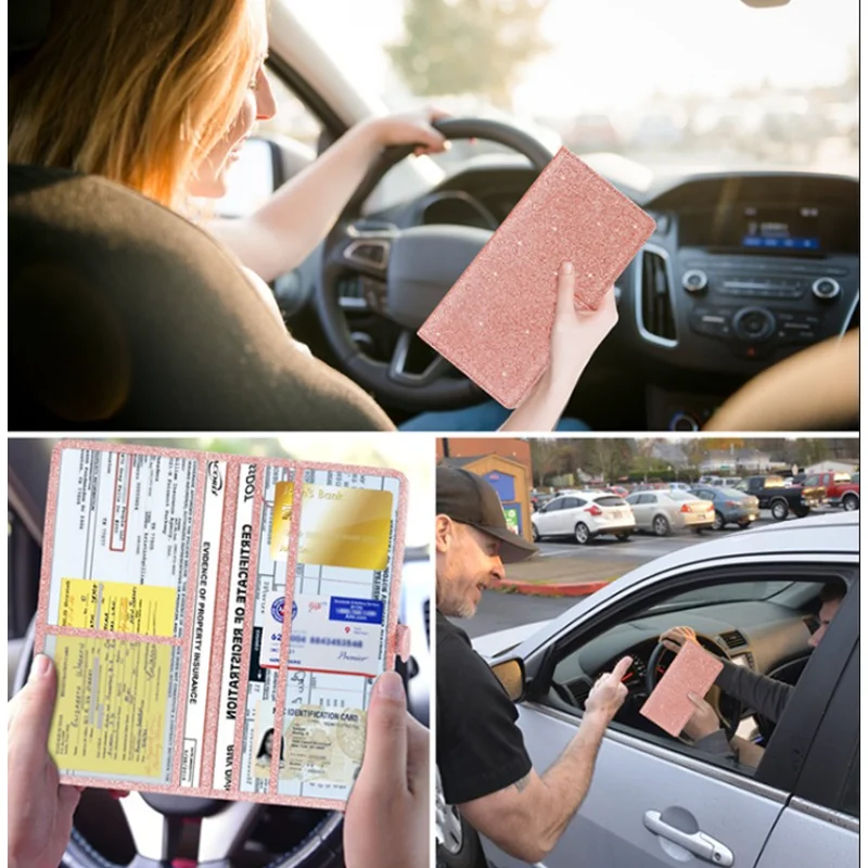 Leather Car Registration and Insurance Card Holder Rhinestone Glitter Vehicle Card Document Holder Car Organiser Accessories