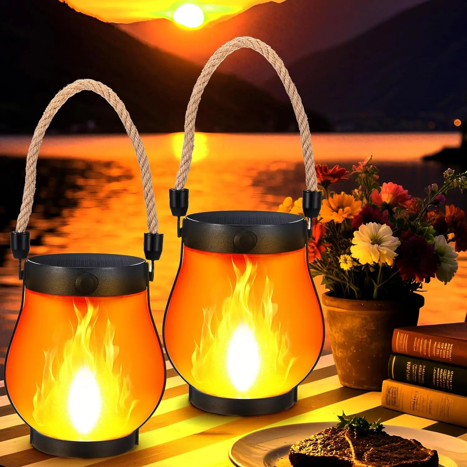 2 Pack Solar Flame Lanterns, Flickering LED Hanging Rechargeable Lights Waterproof Outdoor for Garden Yard Patio Christmas Decor