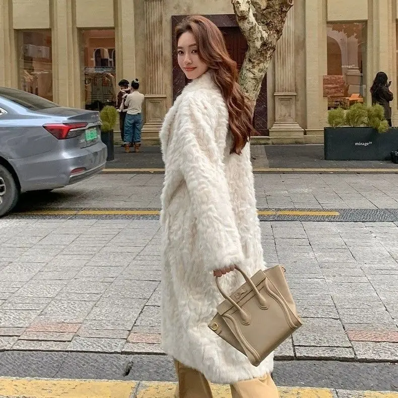 معطف نسائي شتاء 2025 جديد فضفاض بلون معطف فرو خروف فرو متكامل فضفاض دافئ بحيرة صغيرة الأغنام الركبة معطف طويل WLF #2