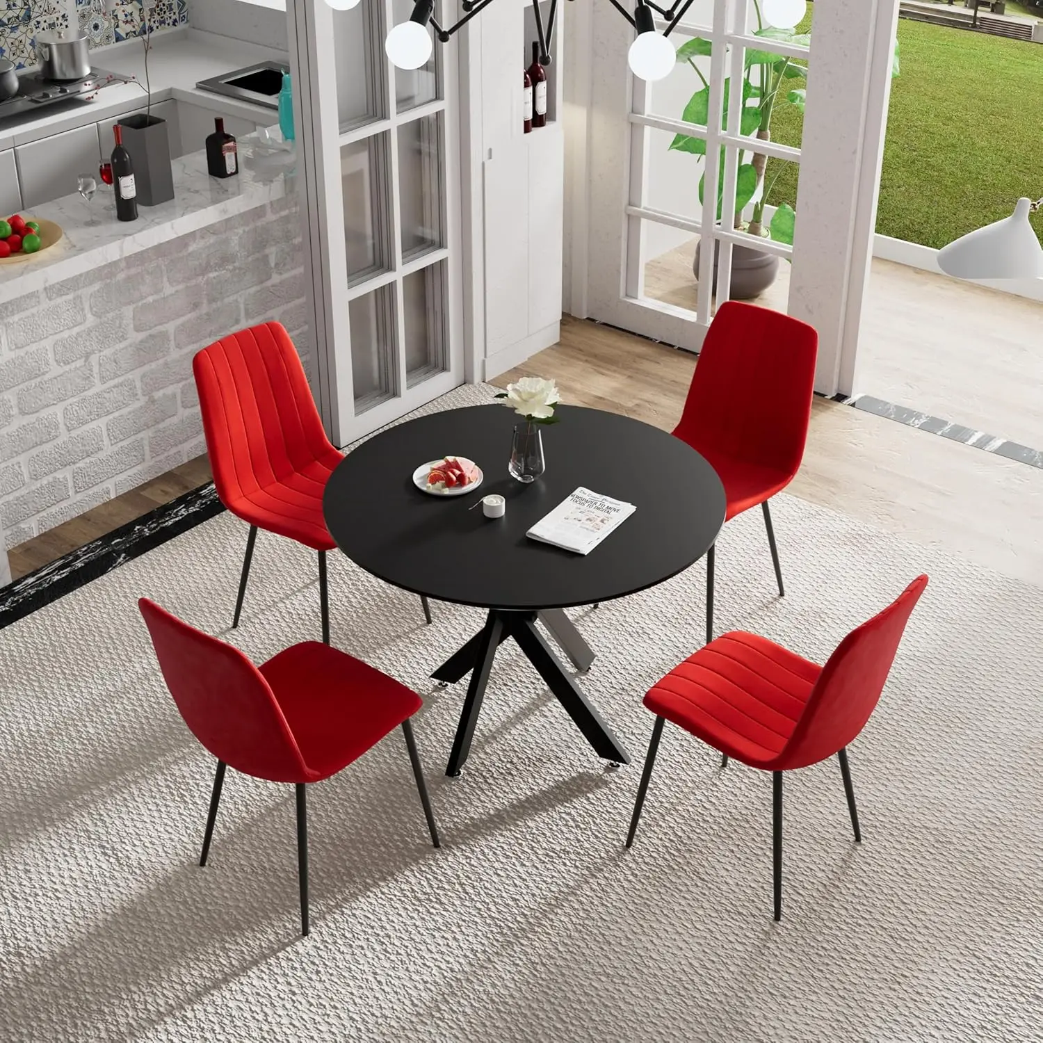 5 Piece Circle Dining Table Set For 4, 42 Inch Black Dining Table & Red Velvet Upholstered Chairs With Sturdy Black Metal Legs,