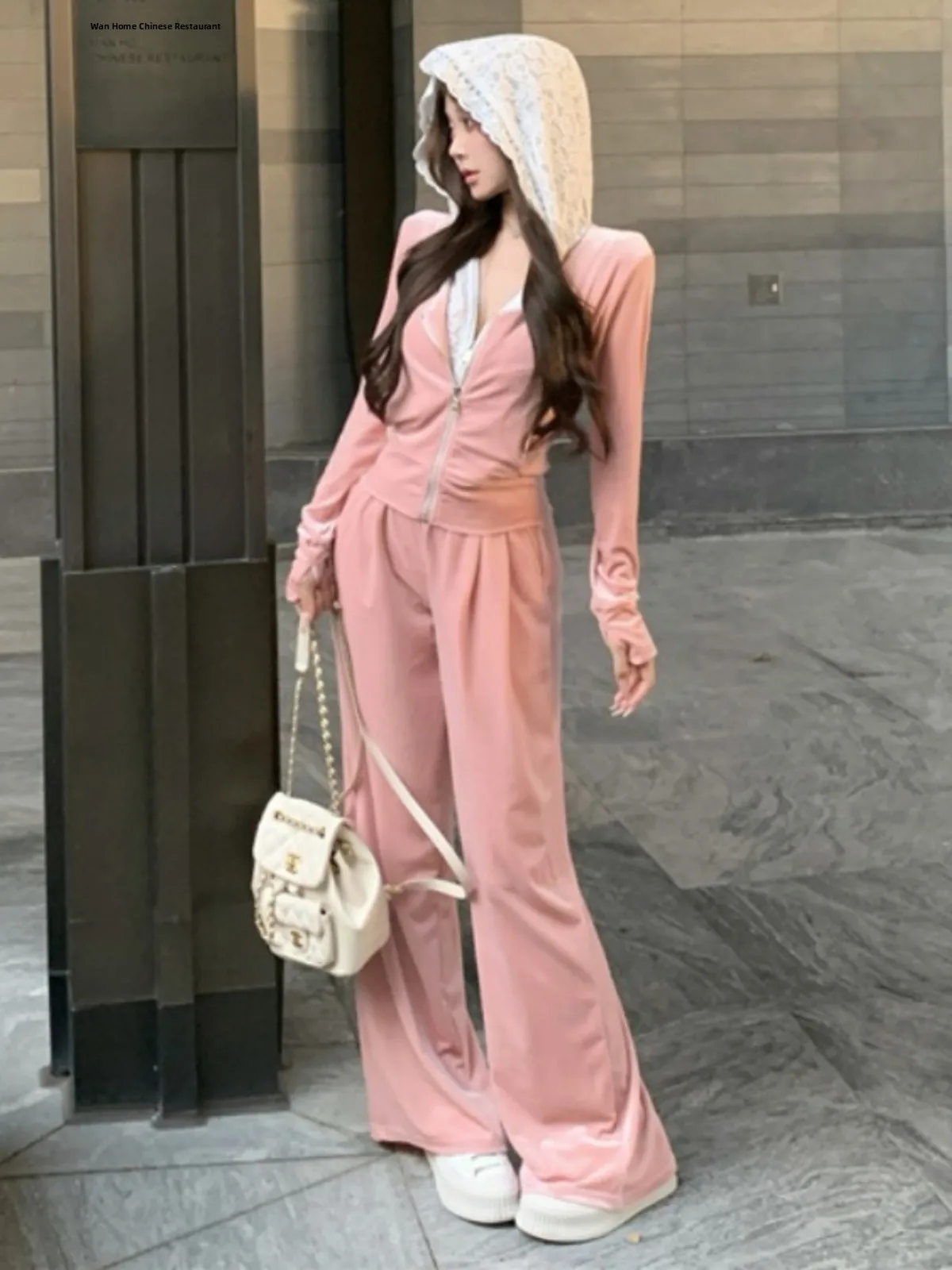 

Ele Velvet Spor Two-Piece Set Fake Two-Piece Lace Hoodie Elastic Waist Straight Leg Pants Faionable Women's Ensemble
