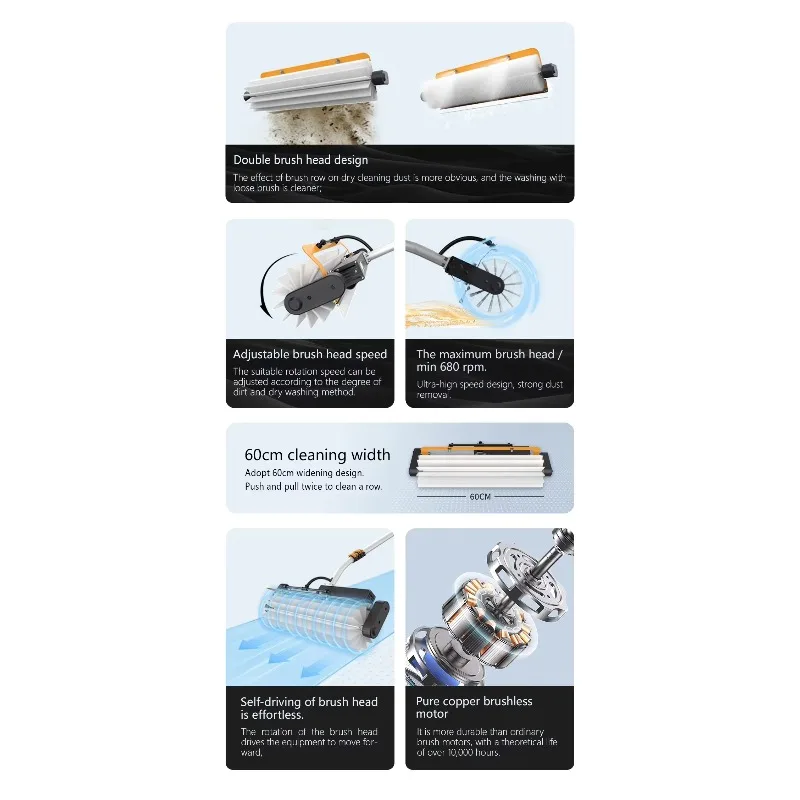 Portable Solar Panel Electric Cleaning Roller Brush Kit Telescopic Pole 10m 24V 26AH Lithium Iron Phosphate Battery Model M1