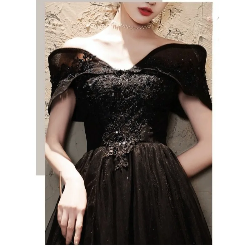 2025 novo vestido de noite preto brilhante de um ombro feminino elegante banquete temperamento de alta qualidade pequeno exame de arte vestido anfitrião