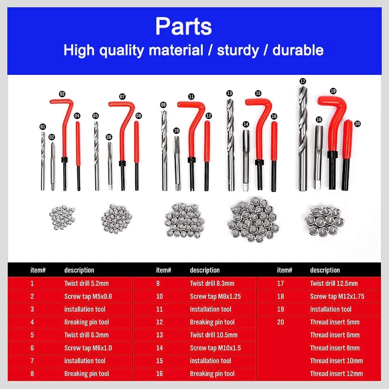 131Pcs Thread Repair Tool M5 M6 M8 M10 M12 Coil Drill Insert Installation Kit Engine Block Restoring Damaged Set Red or Blue Box