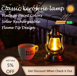 Kerosene Lamp Solar Power LED Light Retro Portable Candle Tip Light Flickering Light Effect Flameless Hang Lantern Garden Decor