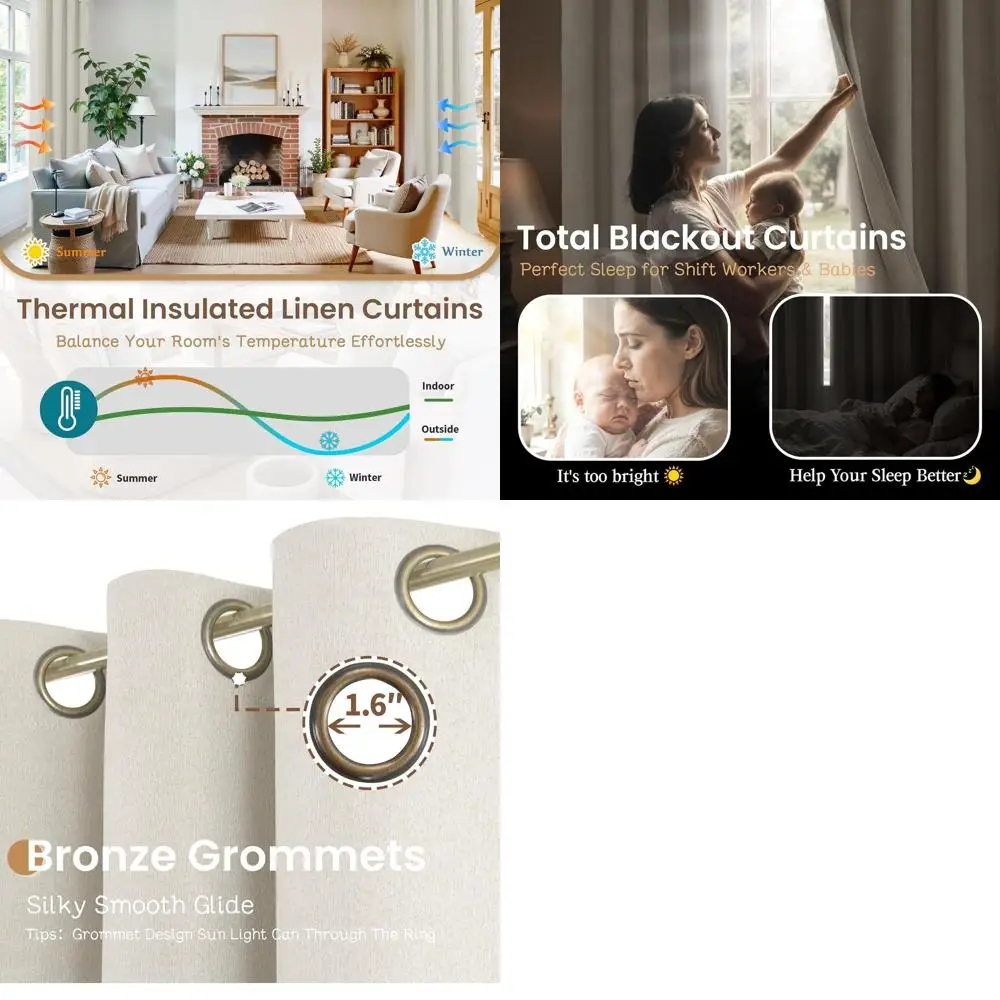 

Шторы блэкаут с льняной текстурой, 244 см в длину, термоизолирующие, с бронзовыми люверсами, комплект из 2 панелей для гостиной