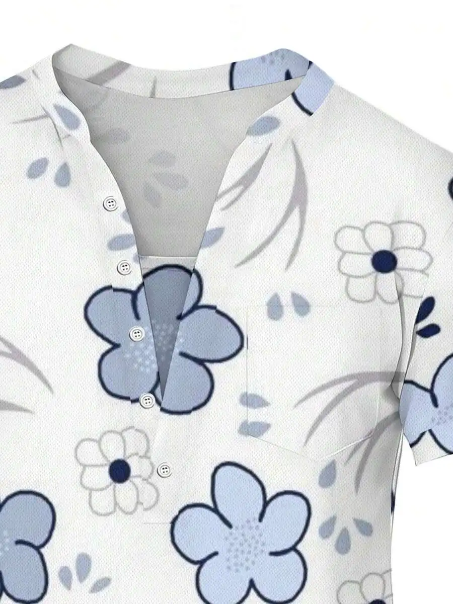 Camisa de Manga Corta con Cuello Alto y Estampado Floral Azul y Blanco para Hombre, Transpirable, de Punto, Informal, para Verano