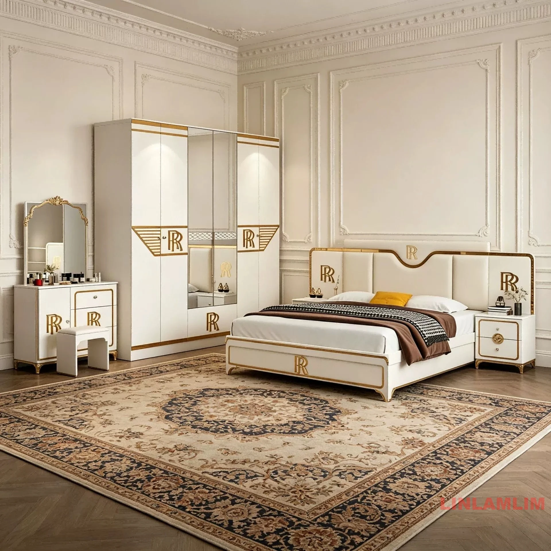 MANBAS Luxury Turkish style Bedroom Set – Double Bed with Latex Mattress, Nightstands,Wardrobe with Mirrored Door,Dresser,Mirror