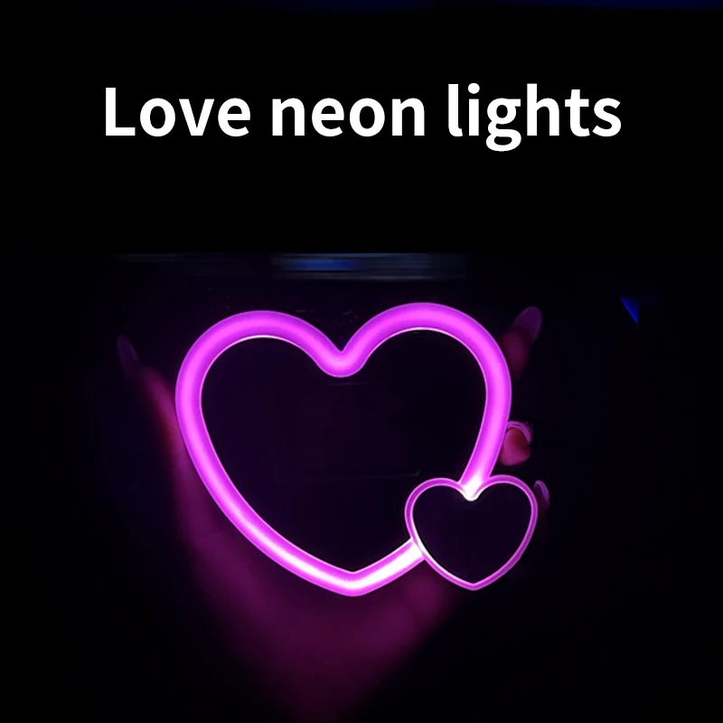 Solar Powered Car Neon Light Wireless Cute Heart Shaped Led Ambient Light Suction Cup USB Rechargeable Atmosphere Breathing Lamp