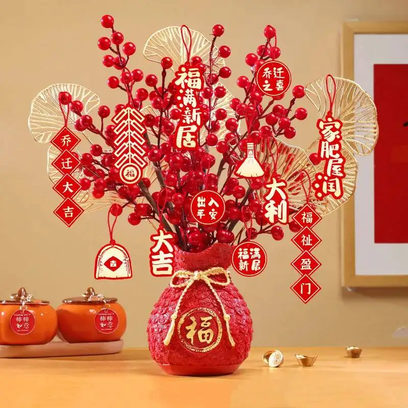 Chinese New Year Decoration Flower Basket, Christmas Red Berry Branches and Artificial Plants, Wedding, Dining Table Decoration