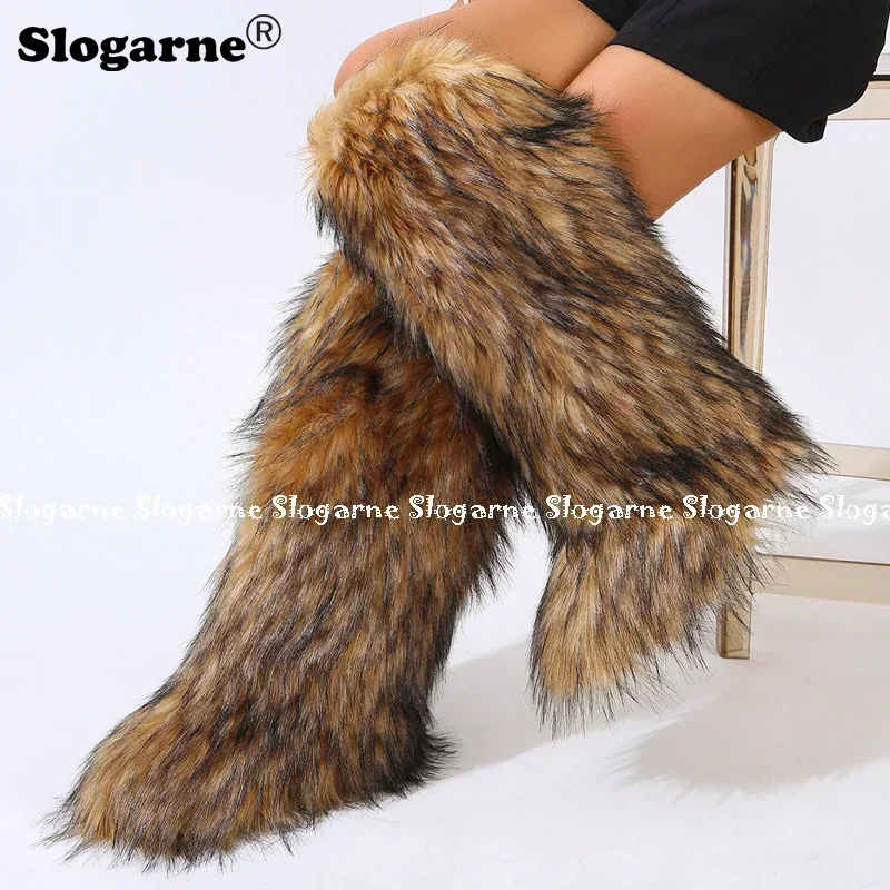 

2024 Girls Winter Thigh High Fluffy Boots Ladies Furry Faux Fox Fur Long Warm Shoes Women New Designer Plush Knee High Fur Boots