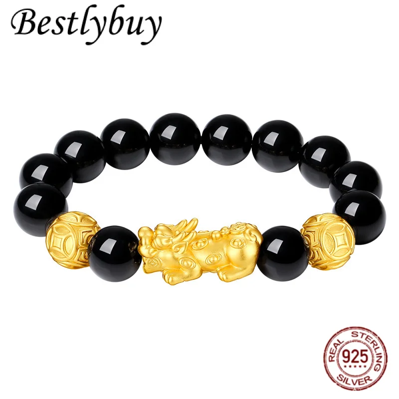 

NEW 999 Foot Silver Lucky Pixiu Pure Silver Bracelet Men's Retro Fashion Natural Obsidian Bracelet Christmas Gift