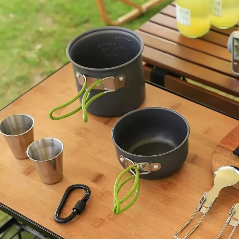 Outdoor Hiking Picnic Cookware Kit Hard Aluminum Alloy Cooking Pot Set Portable Camping Kitchen Storage Travel Supplies Gear