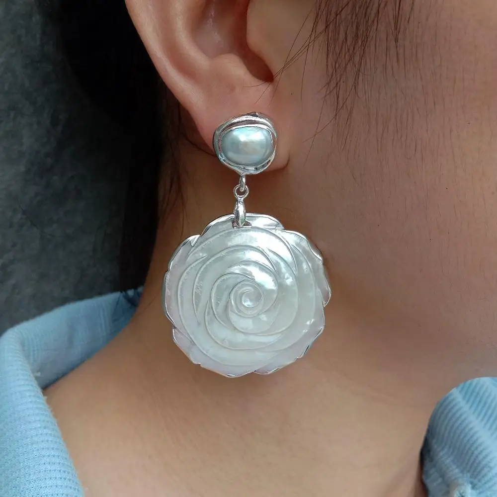 KKGEM 39mm Natural white Shell Mop Carved Flower  14mm White Freshwater Pearl Dangle Stud Earrings
