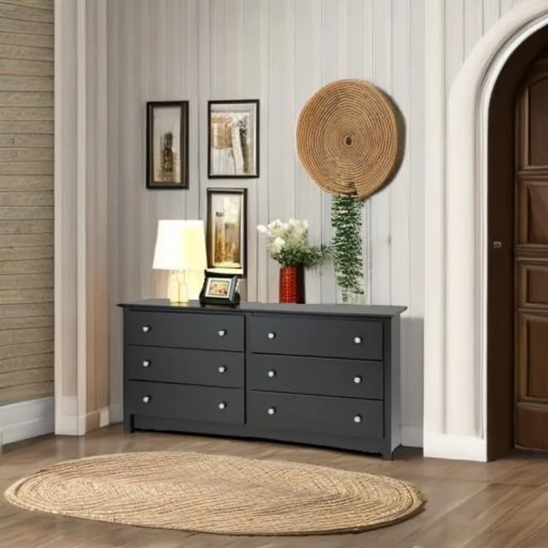 Bedroom Furniture: Black Double Dresser for Bedroom, 6-Drawer Wide Chest of Drawers, Traditional Bedroom Dresser