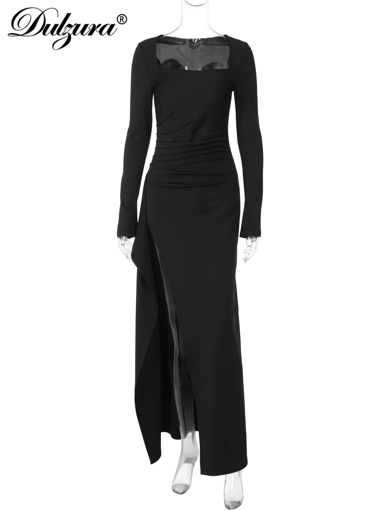 Dulzura 2025 Herfst Sexy Elegante Vierkante Kraag Lange Mouw Ruches Slanke Zijsplit Lange Jurk Solid Casual Party Club Prom Kleding