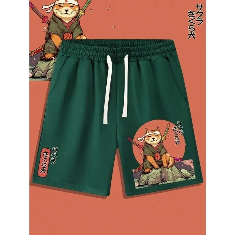 Men's 3D Fun Samurai Cat Cartoon Animal Print Shorts for Summer Beach Wear, Breathable Casual Swimsuit