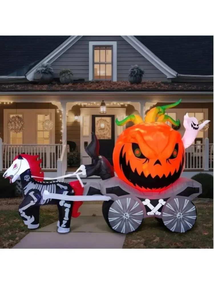 2,4 m lange Kürbiskutsche, aufblasbare Halloween-Dekorationen für den Außenbereich, aufblasbare Kürbiskutsche mit eingebauten LEDs, aufblasbar für den Garten, Halloween-Aufblasbare Partydekoration für