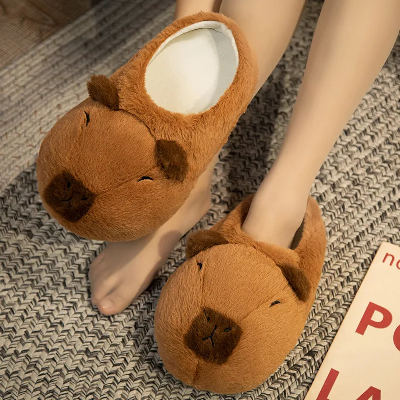 Cotton Slippers Female Winter Cute Hairy Capybara Shoes Dormitory Indoor Home Non-slip Thick Bottom Couple Hair Wear Gift Doll