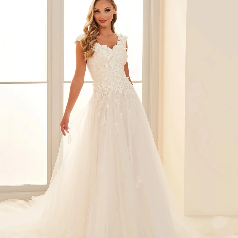 

Customized Wedding Dresses Classic V Neck Lace Elegant Bridal Gowns Cap Sleeve A Line Bride Robe Applique vestido de novia
