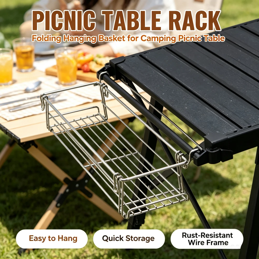 Aluminum IGT Table Side Storage Rack Foldable Hanging Mesh Basket Outdoor Folding Extension Basket Folding Extension Bracket
