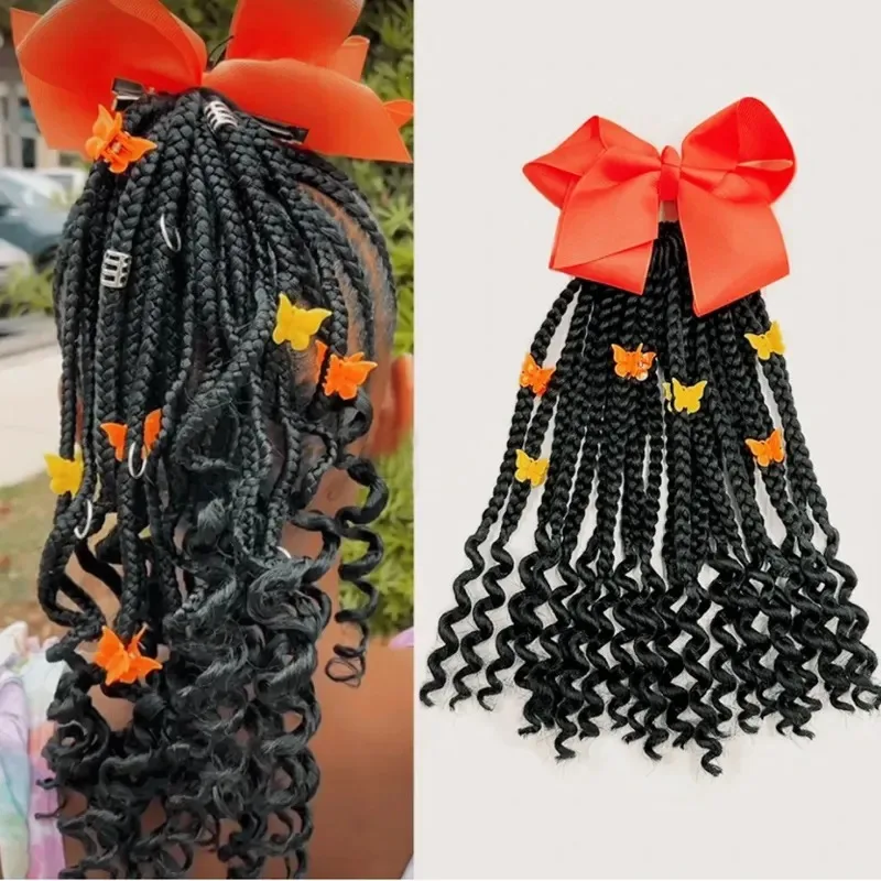 Trançado rabo de cavalo com miçangas e arco para crianças, extensão do cabelo, encaracolado final, menina negra, acessórios para o cabelo